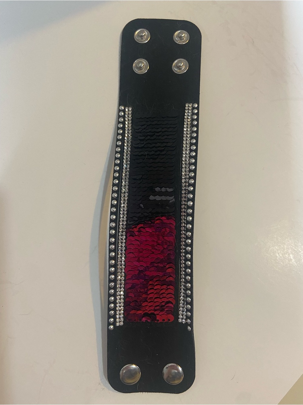Black Wrist Cuff Bracelet with Reversible Pink/Black Sequins